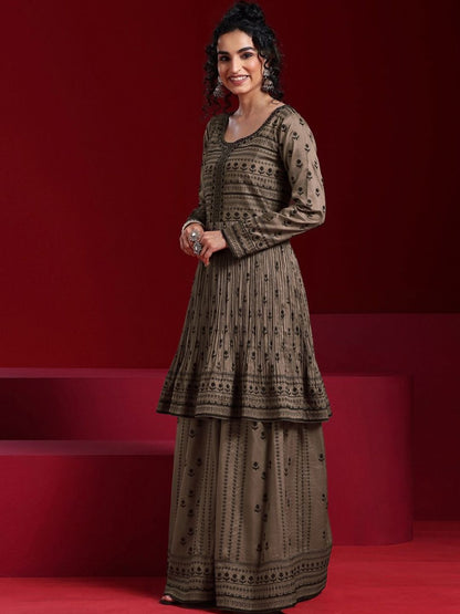 Dhiyona LL Womens Brown Embroidered A-Line Kurta With Sharara & Dupatta