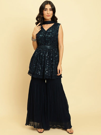 Dhiyona VA Floral Embroidered Empire Sequinned Silk Georgette Kurta With Sharara & Dupatta