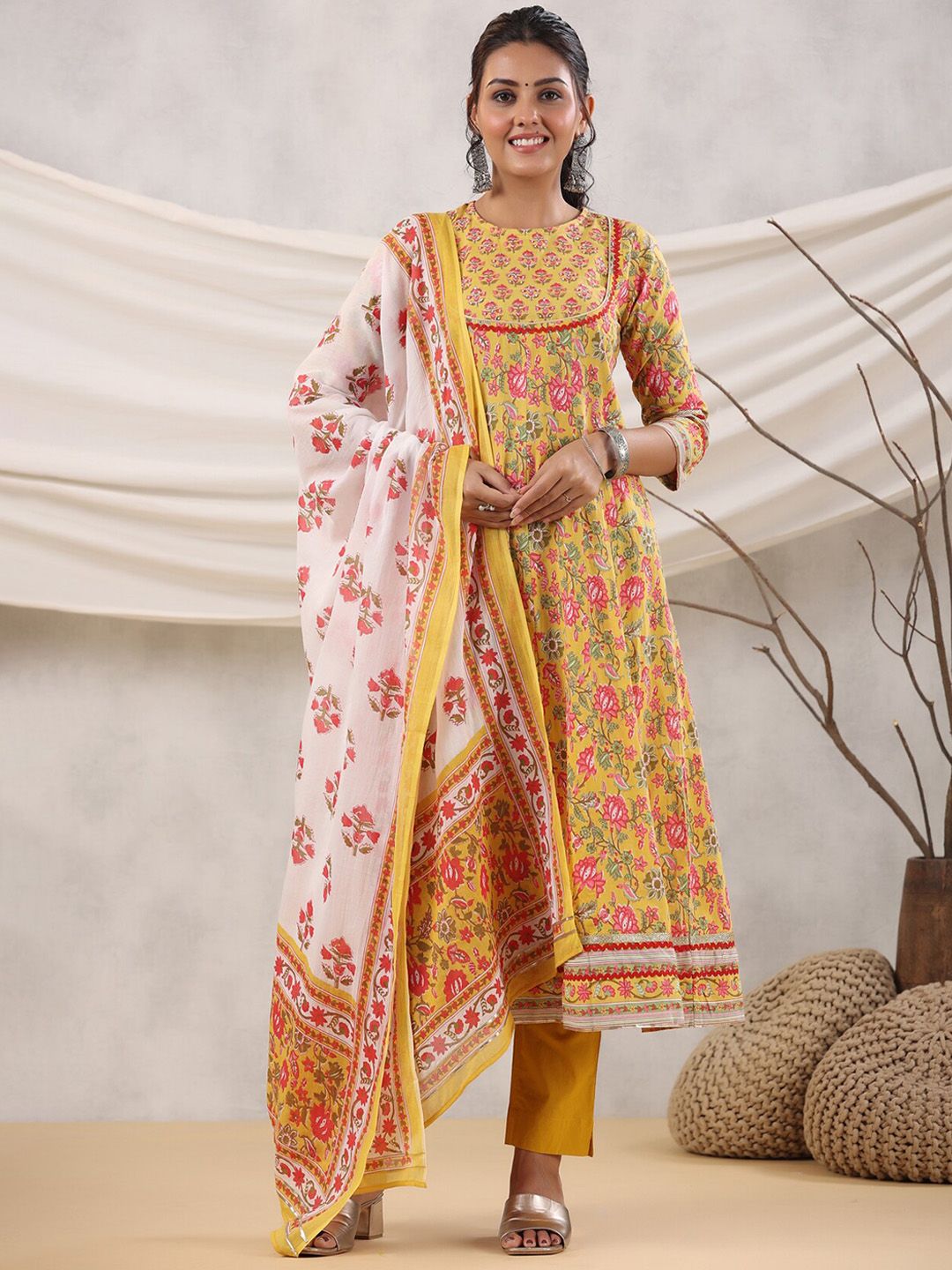 Dhiyona RR Women's Floral Printed Sequined Anarkali Pure Cotton Kurta with Trousers & Dupatta