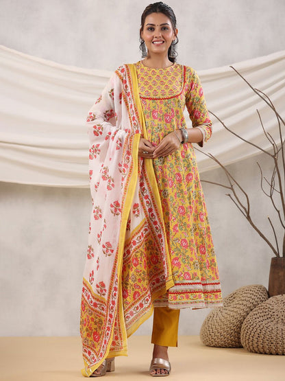 Dhiyona RR Women's Floral Printed Sequined Anarkali Pure Cotton Kurta with Trousers & Dupatta