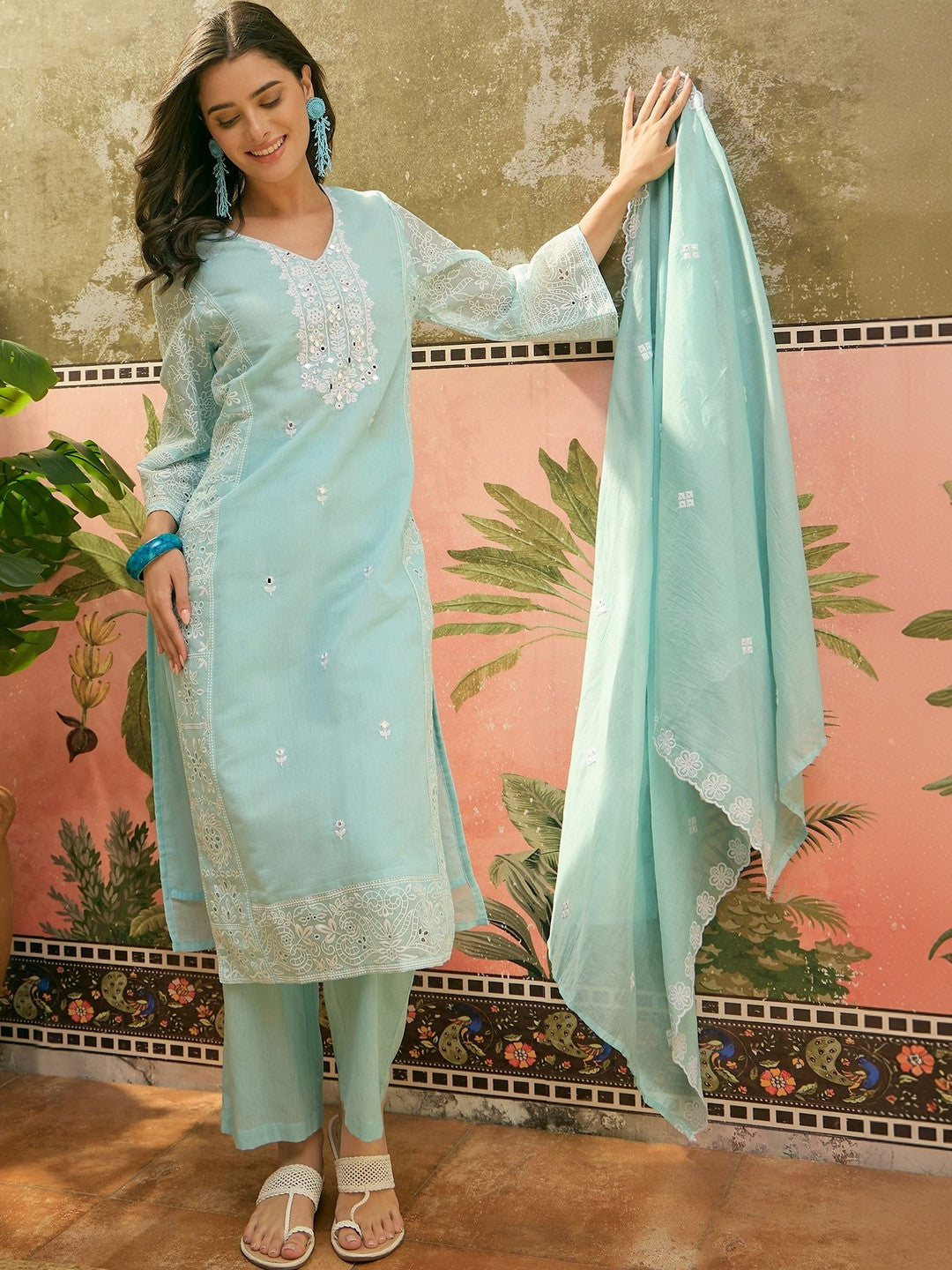 Women Ethnic Motifs Embroidered Regular Mirror Work Pure Cotton Kurta with Trousers & With Dupatta