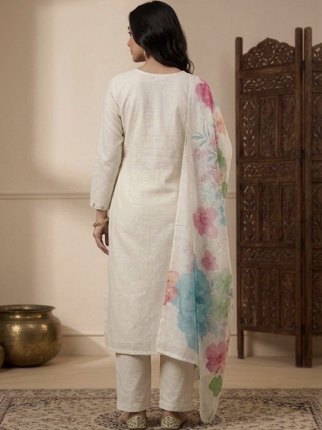 Embroidered Pure Cotton Round Neck Kurta & Trousers With Dupatta