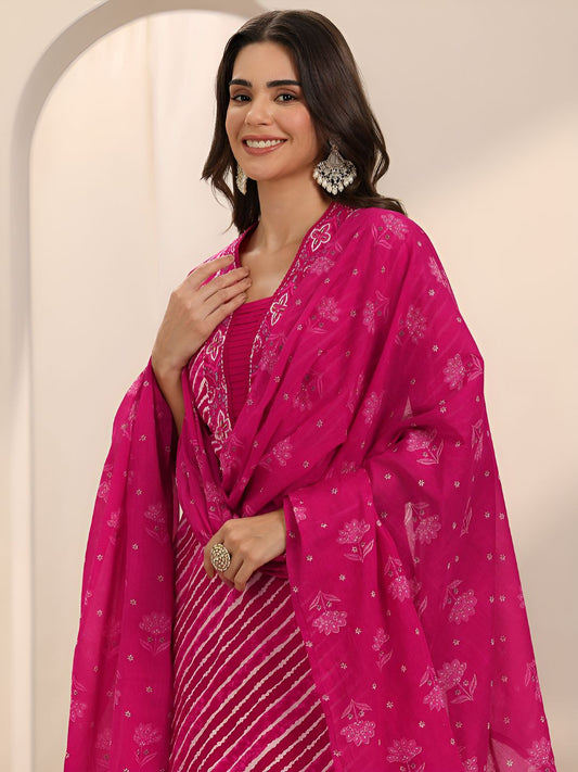 Women Leheriya Printed Regular Thread Work Kurta With Trousers & Dupatta Kurta Sets