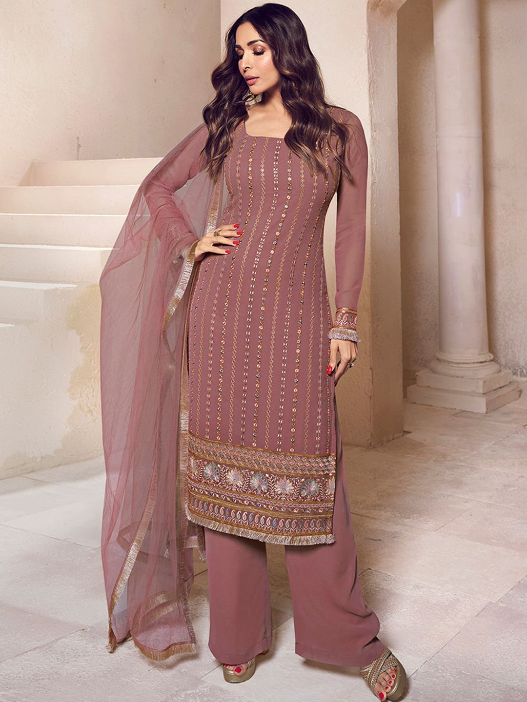 Dhiyona IN Ethnic Motifs Embroidered Regular Thread Work Kurta with Palazzos & Dupatta