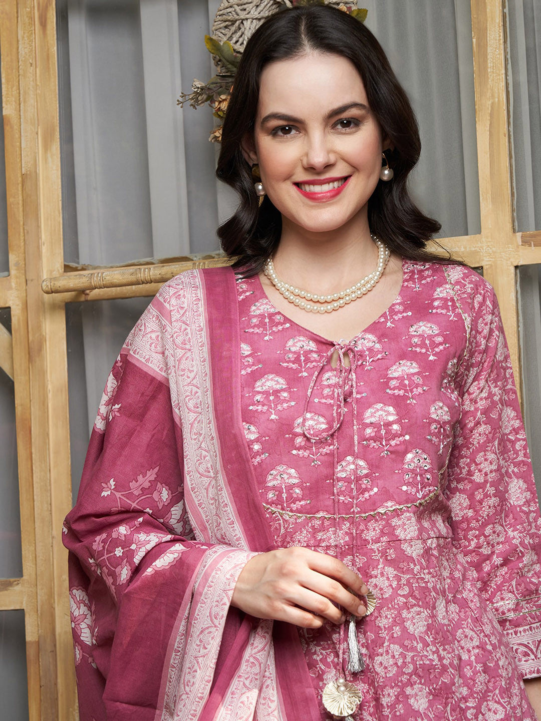 Floral Printed Sequinned Pure Cotton A-Line Kurta & Trouser With Dupatta