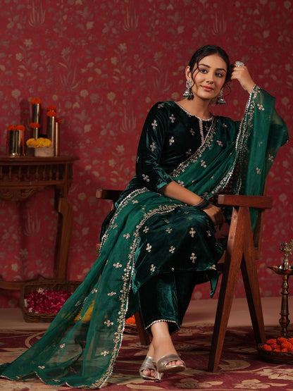 Dhiyona IS Women's Green Ethnic Motifs Embroidered Velvet Kurta With Trousers & Dupatta