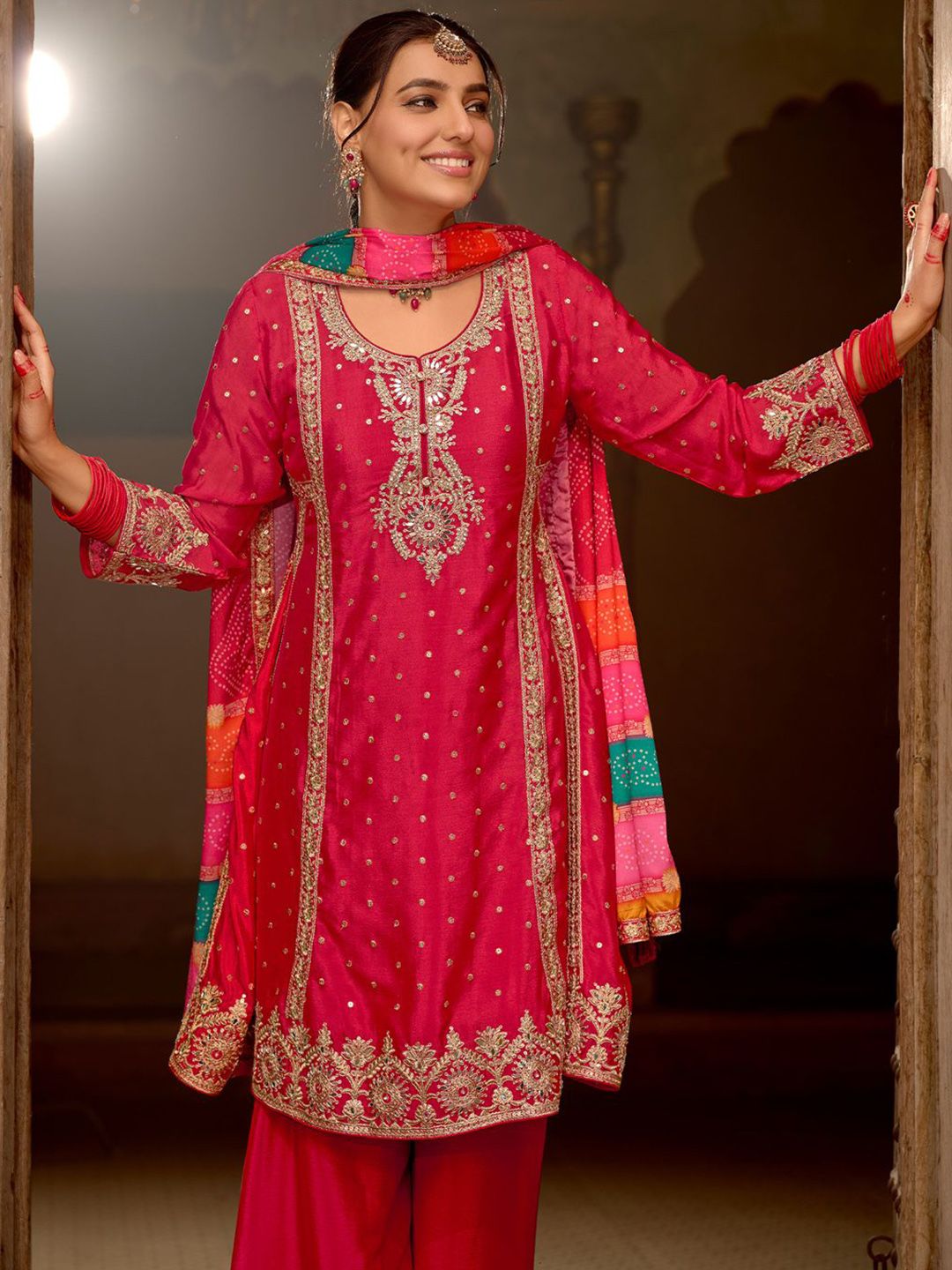 Dhiyona IE Floral Embroidered Panelled Mirror Work A-Line Kurta With Palazzos & Dupatta
