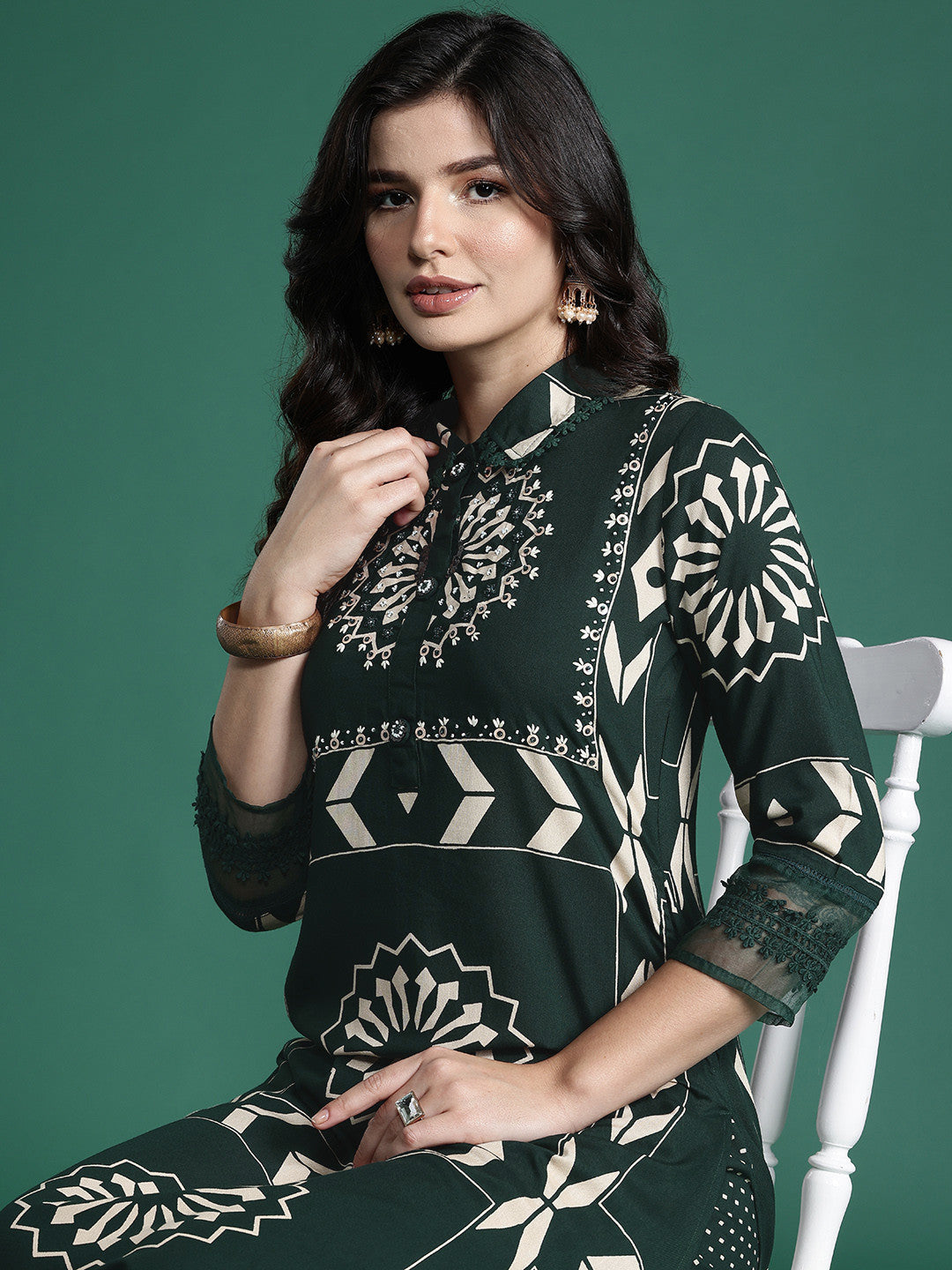 Floral Printed Sequinned Kurta with Trousers