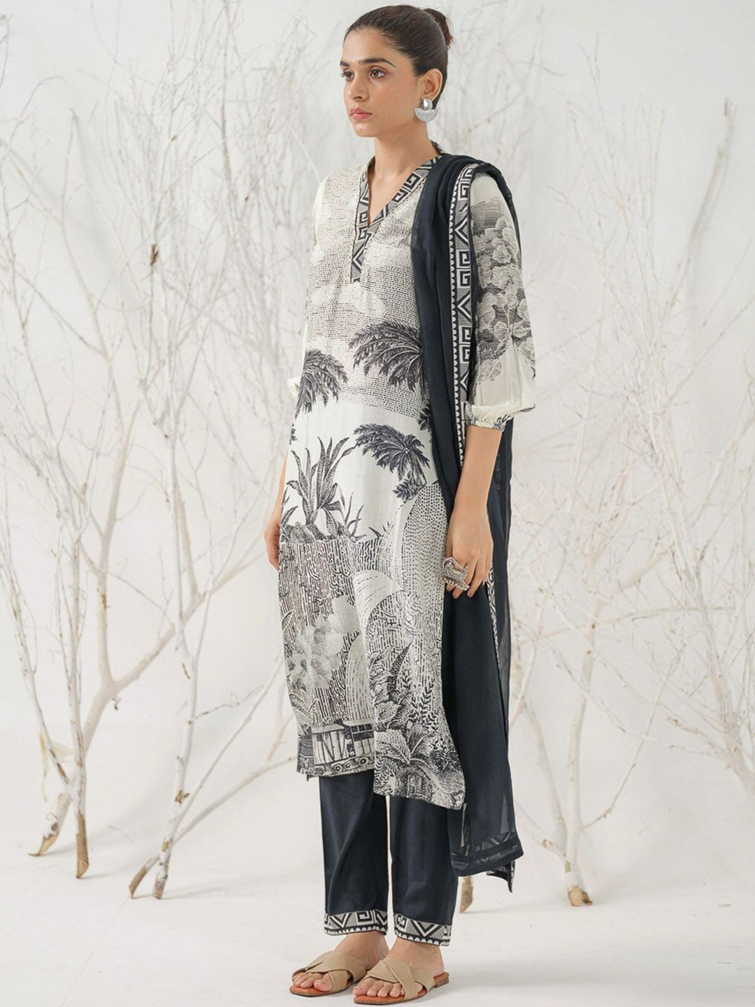 Dhiyona IS Women's Tribal Printed V-Neck Straight Kurta with Trousers & Dupatta