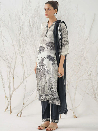 Dhiyona IS Women's Tribal Printed V-Neck Straight Kurta with Trousers & Dupatta