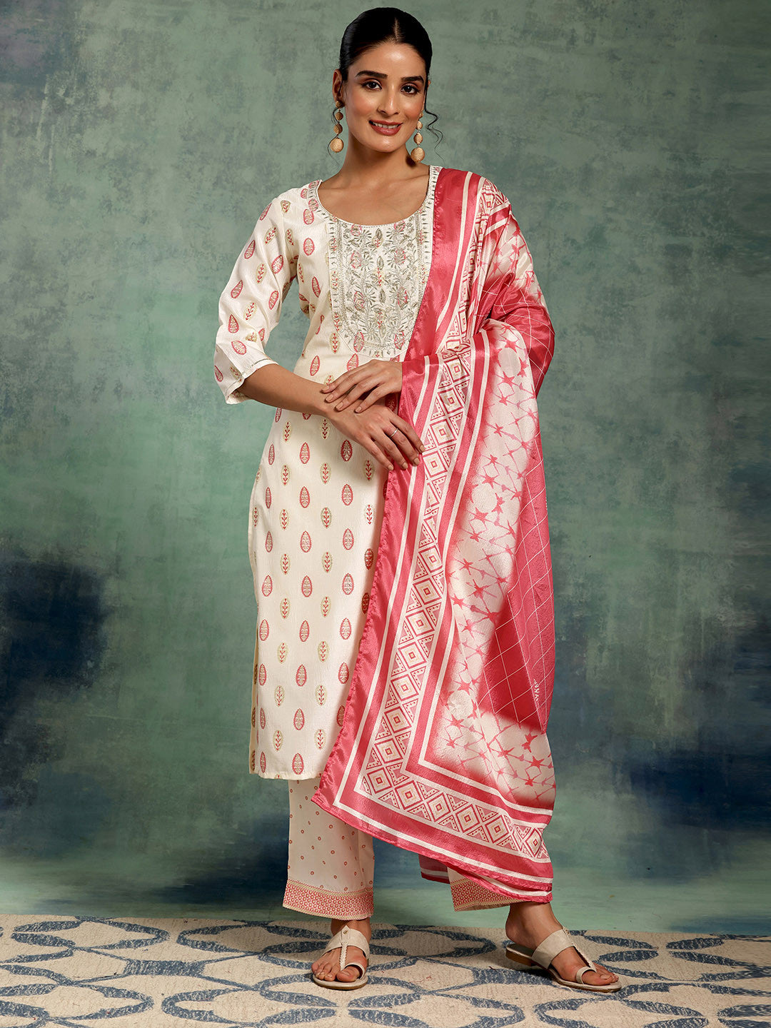 White Floral Printed Thread Work Straight Kurta With Palazzos & Dupatta