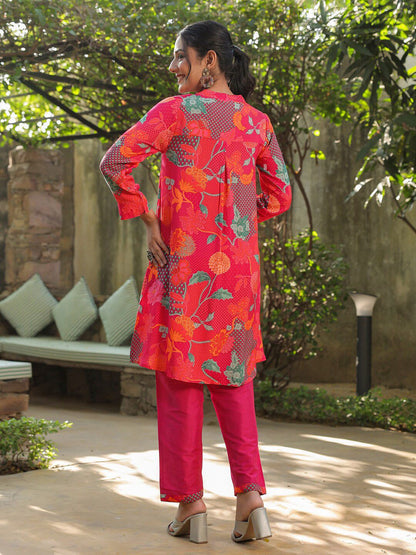 Dhiyona RR Women's Floral Printed Mandarin Collar A-Line Kurta With Trouser