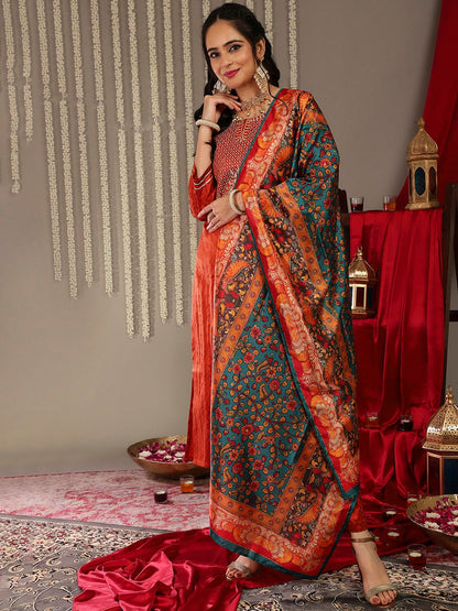 Rust Women Rust Yoke Design Kurta with Trousers & With Dupatta