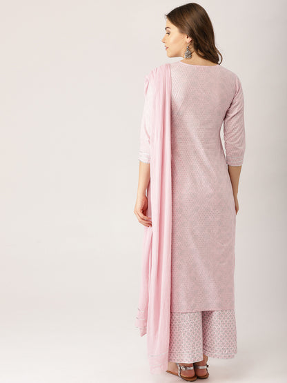 Women Pink & Silver Printed Kurta with Palazzos & Dupatta