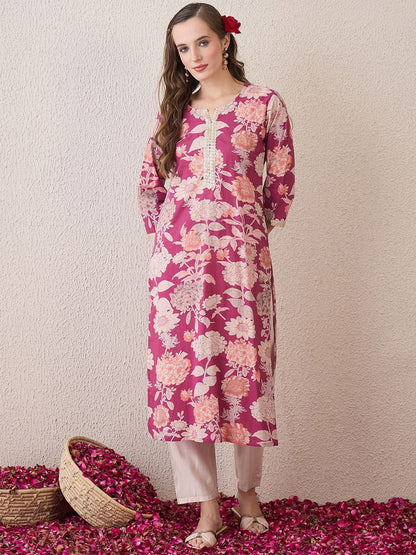Dhiyona IE Floral Printed Notch Neck Thread Work Cotton Straight Kurta