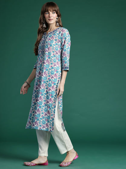 Floral Printed Regular Pure Cotton Kurta with Trousers & Dupatta
