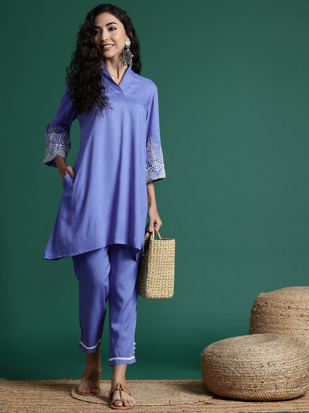Thread-Work Shawl Collar Kurta with Trousers