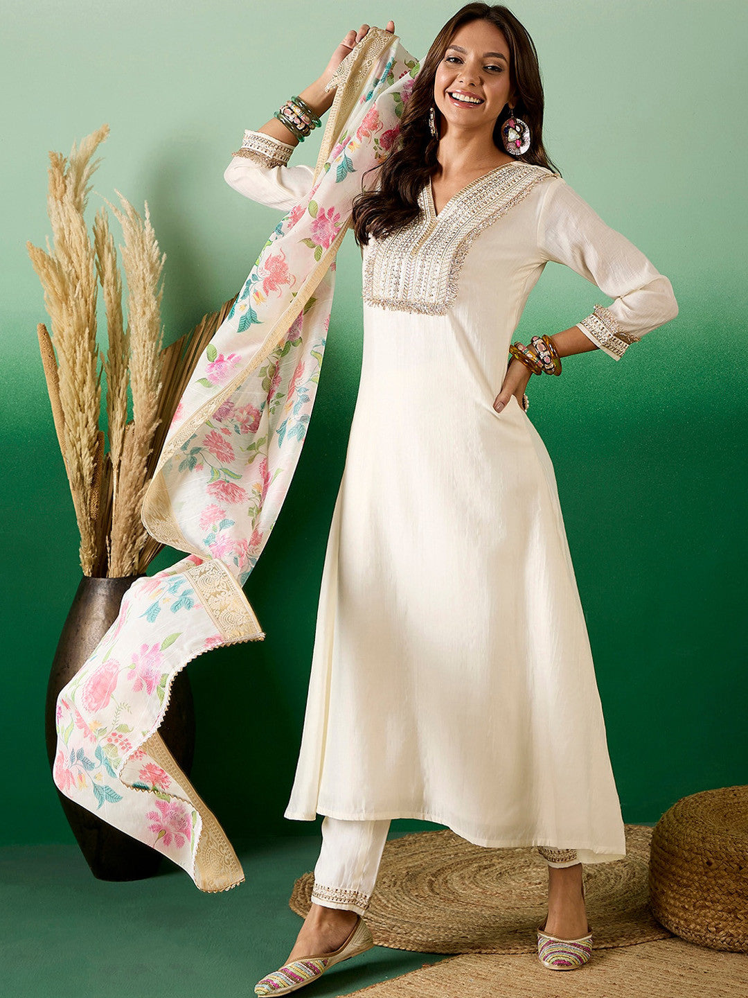 Off White Floral Embroidered Zari Sequence A-Line Kurta With Trouser & Dupatta