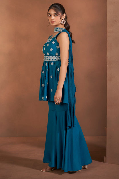 Dhiyona AN Floral Embroidered Thread Work Raw Silk Kurta With Sharara And Dupatta