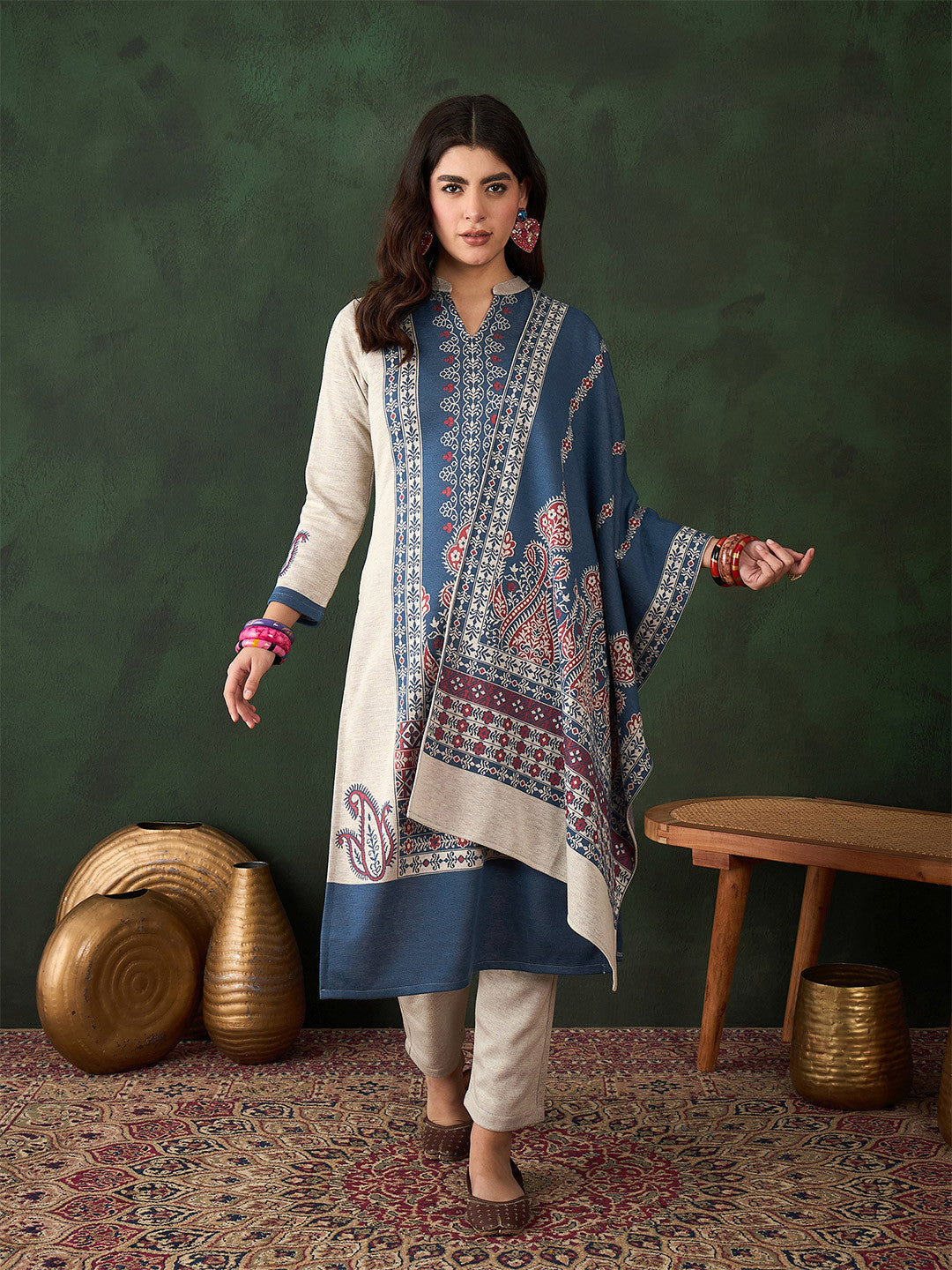 Floral Woven Design Winter Kurta & Trousers With Dupatta