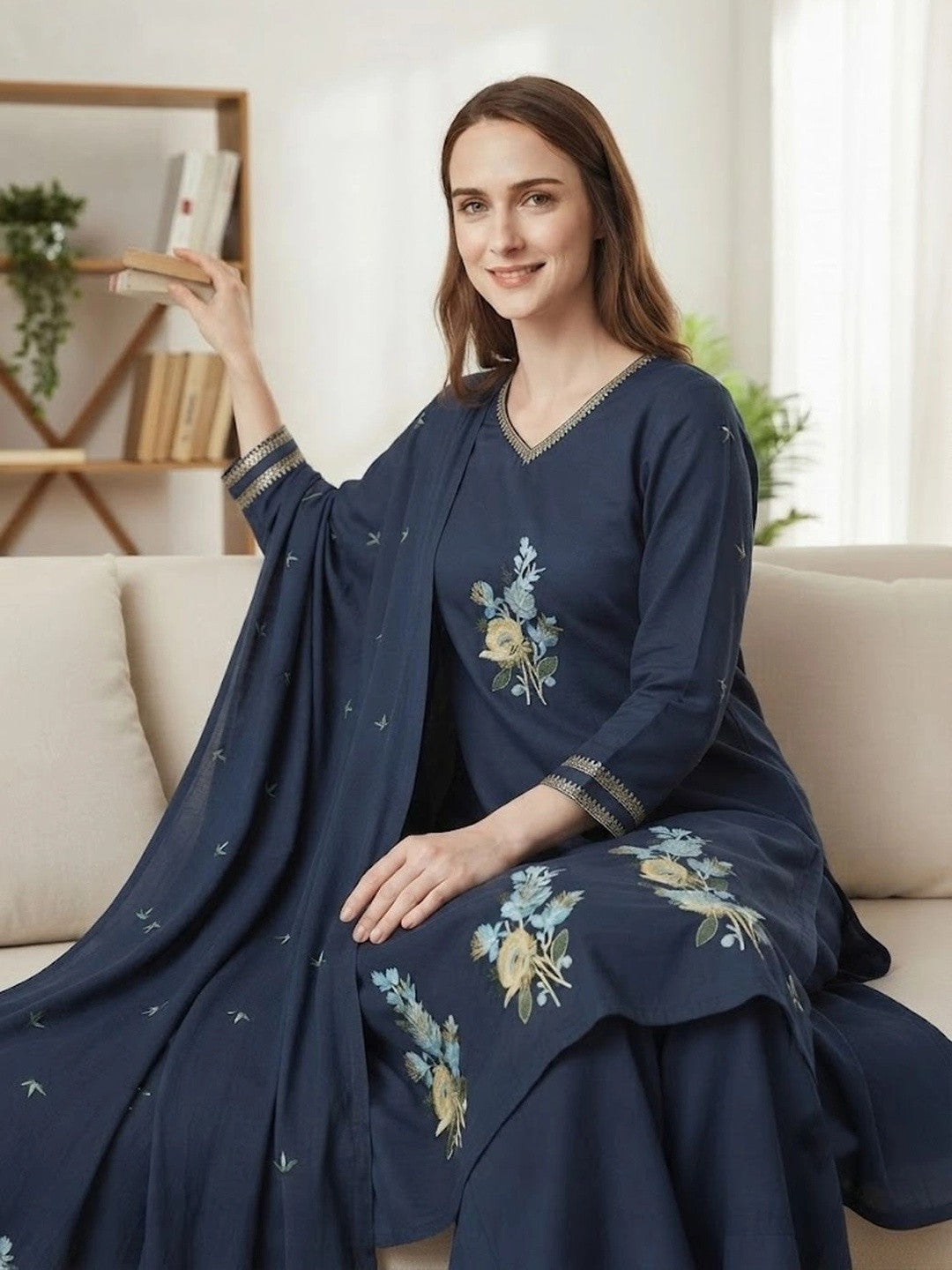 Women Floral Embroidered Regular Thread Work Pure Cotton Kurta with Trousers & With Dupatta