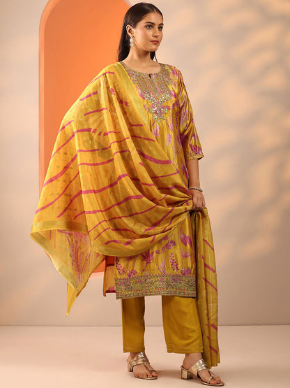 Women Floral Printed Thread Work Straight Kurta with Trousers & Dupatta