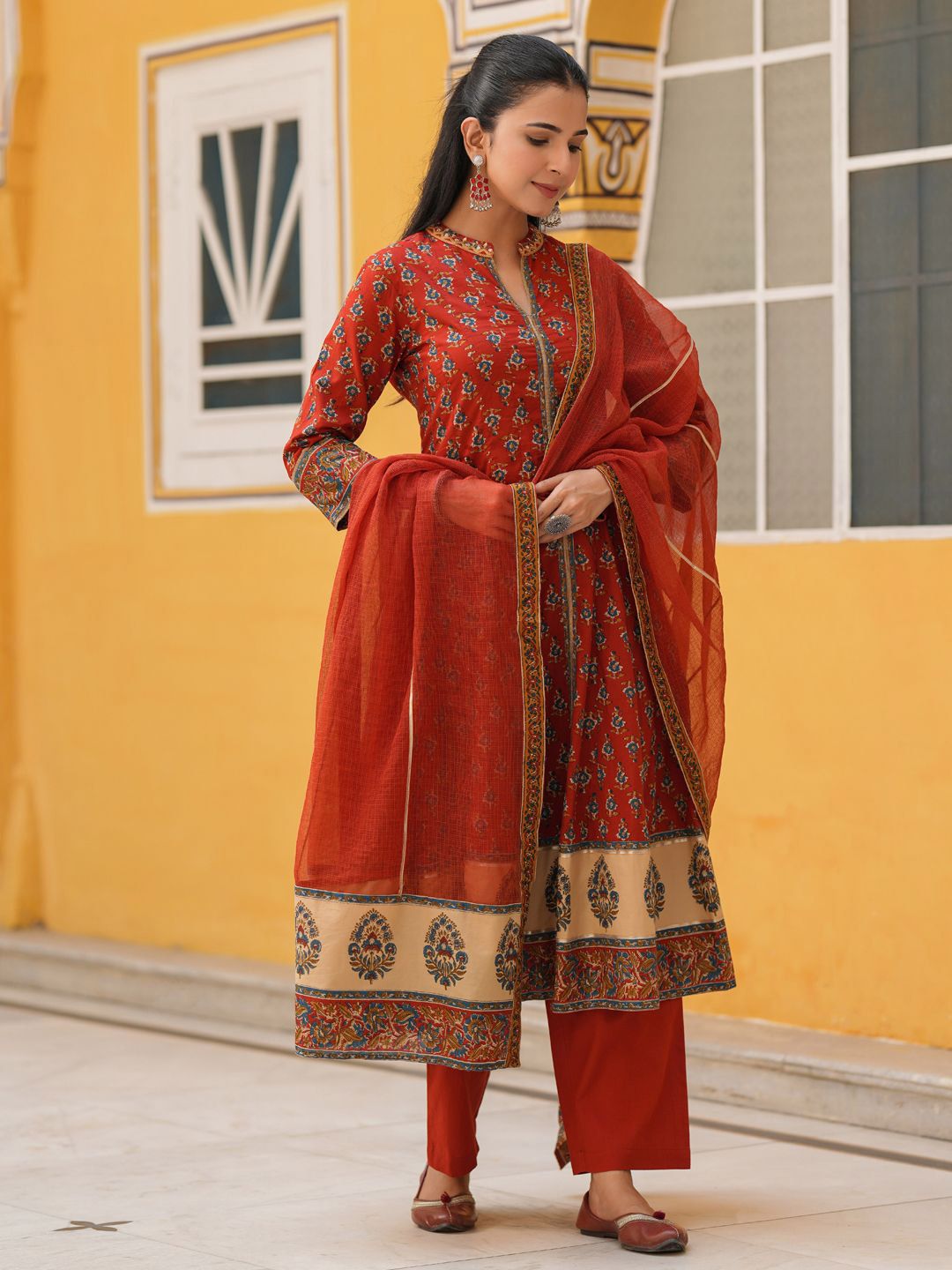 Dhiyona RR Women's Ethnic Motifs Printed Cotton Anarkali Kurta with Trousers & Dupatta