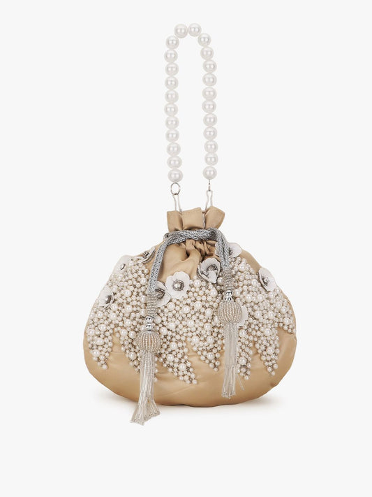 Dhiyona NR Cream-Coloured & White Embellished Tasselled Potli Clutch
