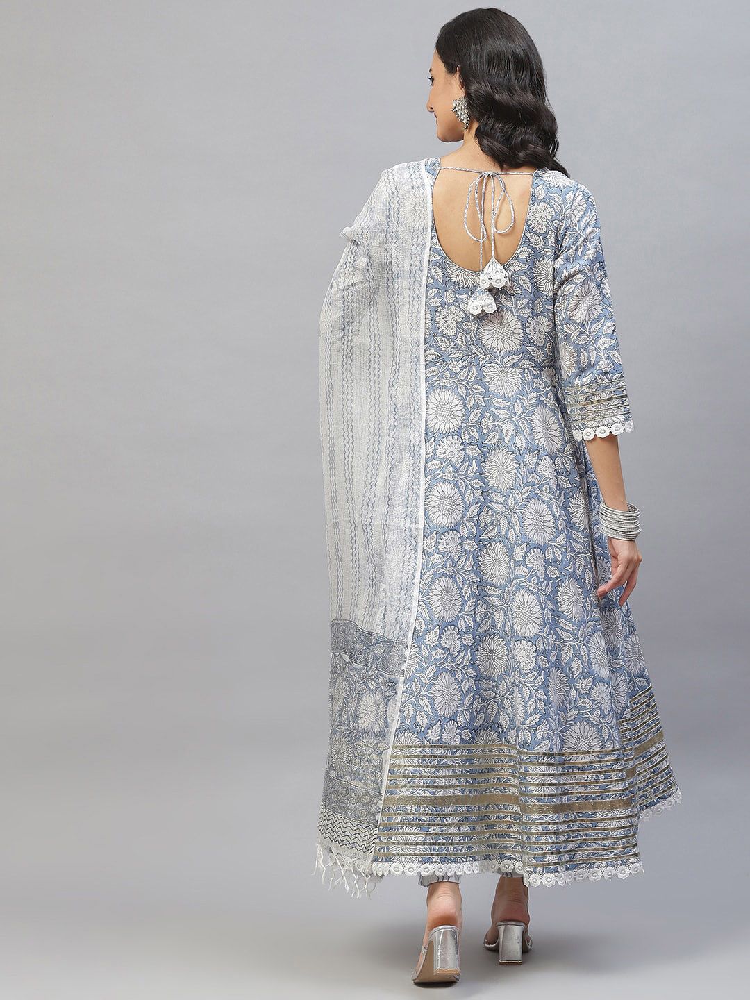 Dhiyona KL Floral Printed Gotta Patti Pure Cotton Anarkali Kurta With Trousers & Dupatta