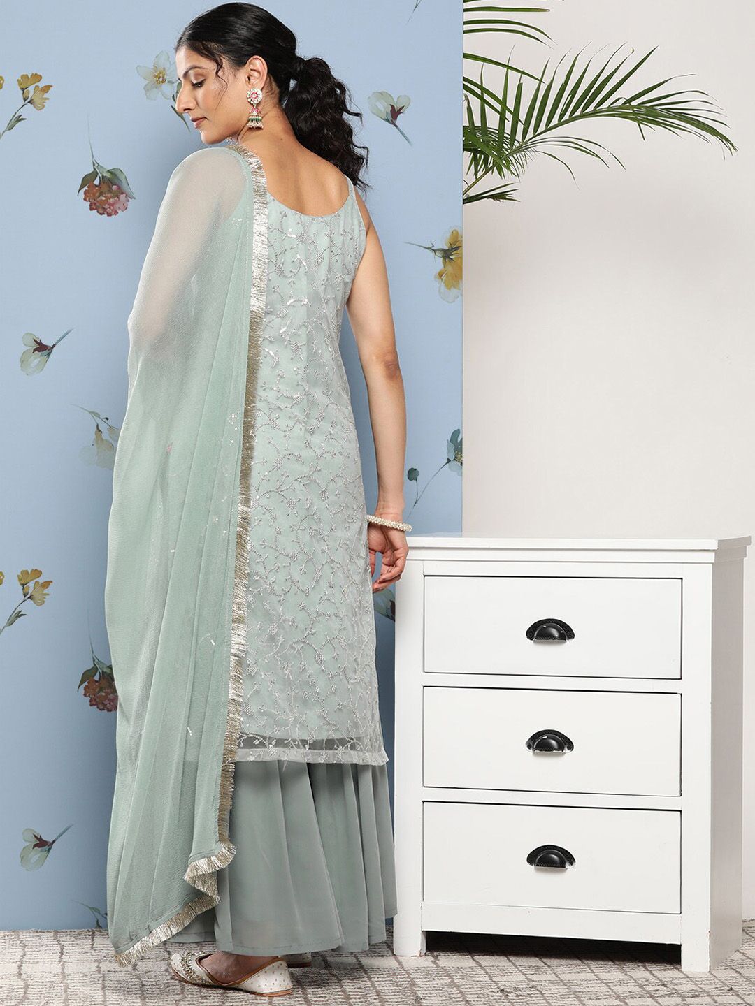 Dhiyona KL Floral Embroidered Regular Sequinned Kurta with Sharara & Dupatta