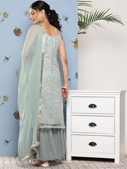 Dhiyona KL Floral Embroidered Regular Sequinned Kurta with Sharara & Dupatta