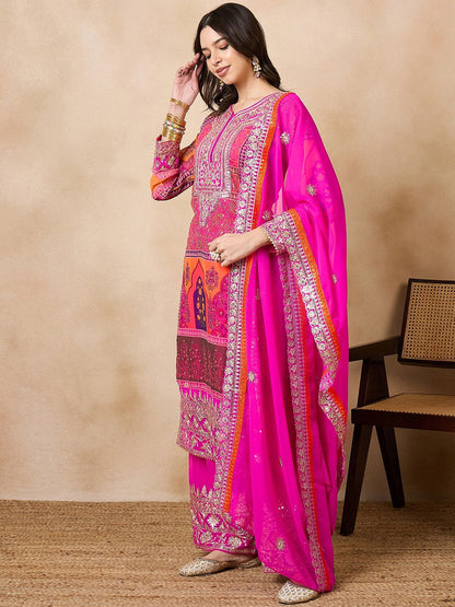 Dhiyona KL Floral Embroidered Regular Beads & Stones Kurta With Palazzos & Dupatta