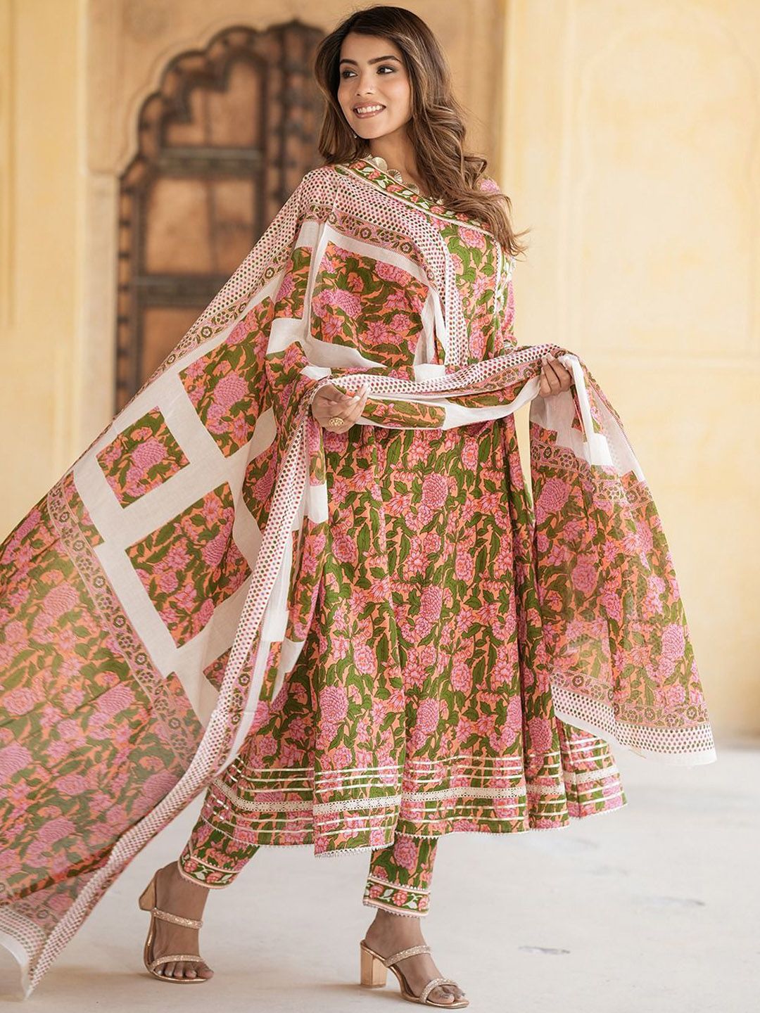 Dhiyona KL Floral Embroidered Gotta Patti Angrakha Pure Cotton Kurta with Trousers & Dupatta