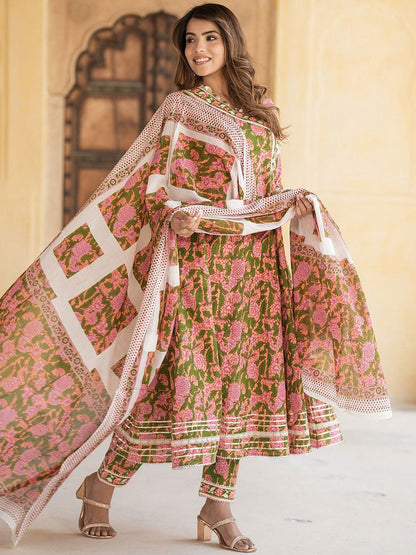 Dhiyona KL Floral Embroidered Gotta Patti Angrakha Pure Cotton Kurta with Trousers & Dupatta