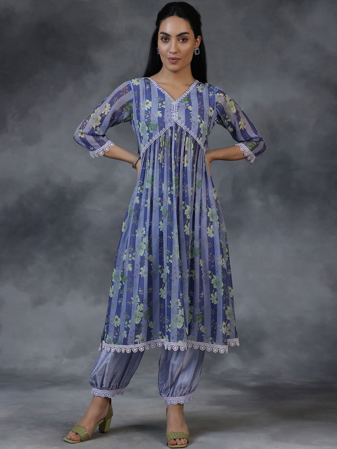 Floral Printed Lace Inserts Empire Kurta With Salwar