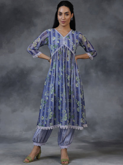 Floral Printed Lace Inserts Empire Kurta With Salwar