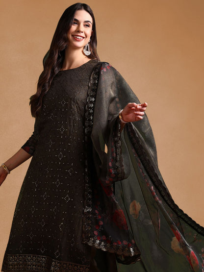 Dhiyona KL Floral Printed Sequinned Straight Organza Kurta with Trousers & Dupatta