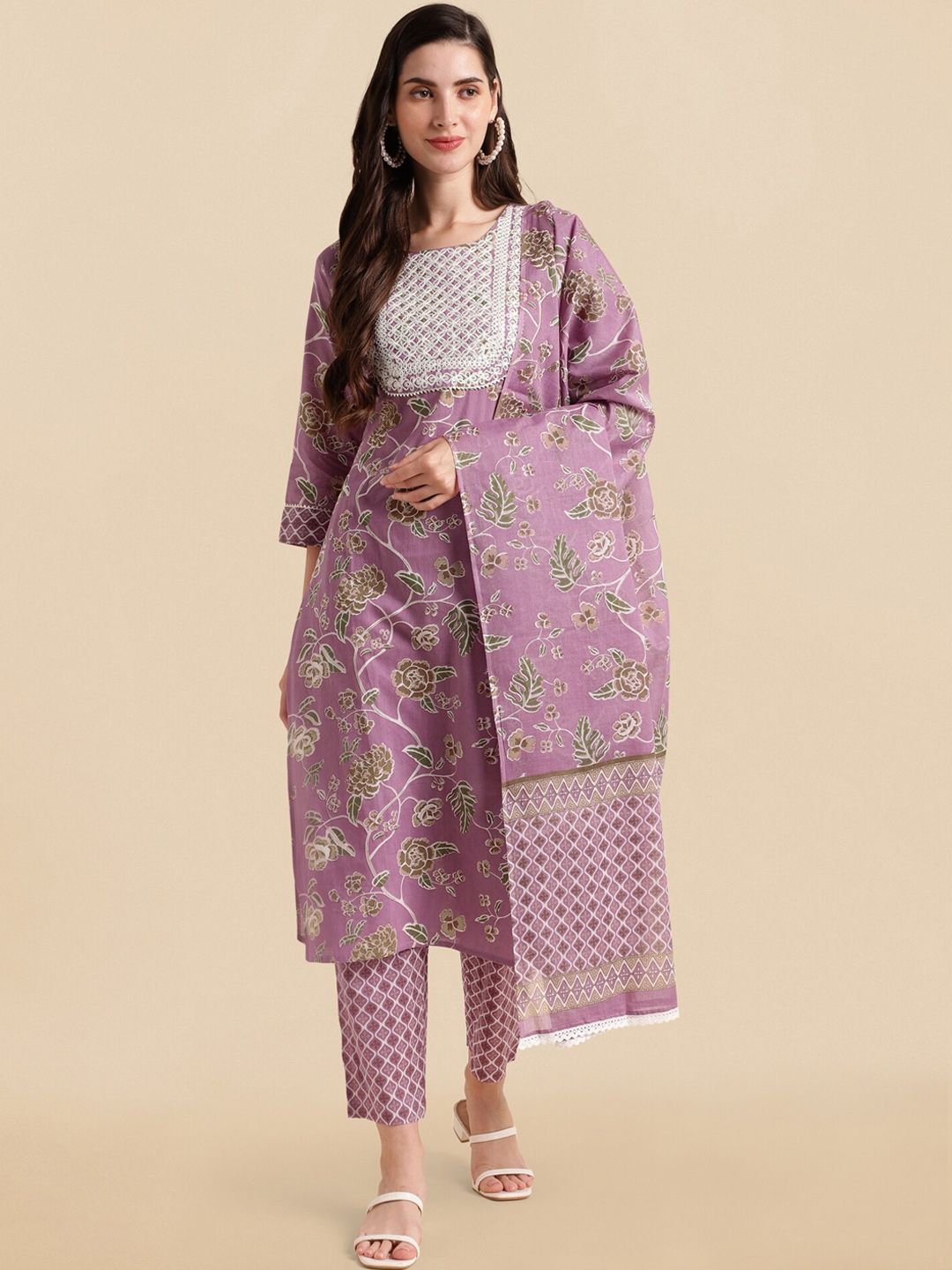 Dhiyona KL Purple Floral Printed Thread Work Pure Cotton Kurta with Trousers & Dupatta