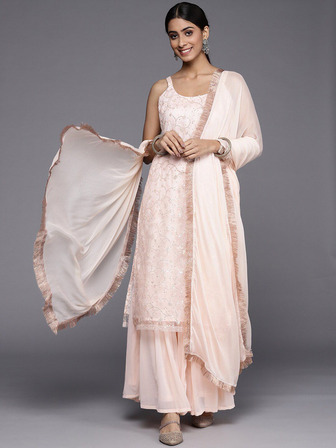 Dhiyona KL Floral Embroidered Regular Sequinned Kurta with Sharara & Dupatta