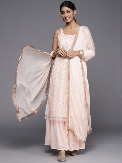 Dhiyona KL Floral Embroidered Regular Sequinned Kurta with Sharara & Dupatta