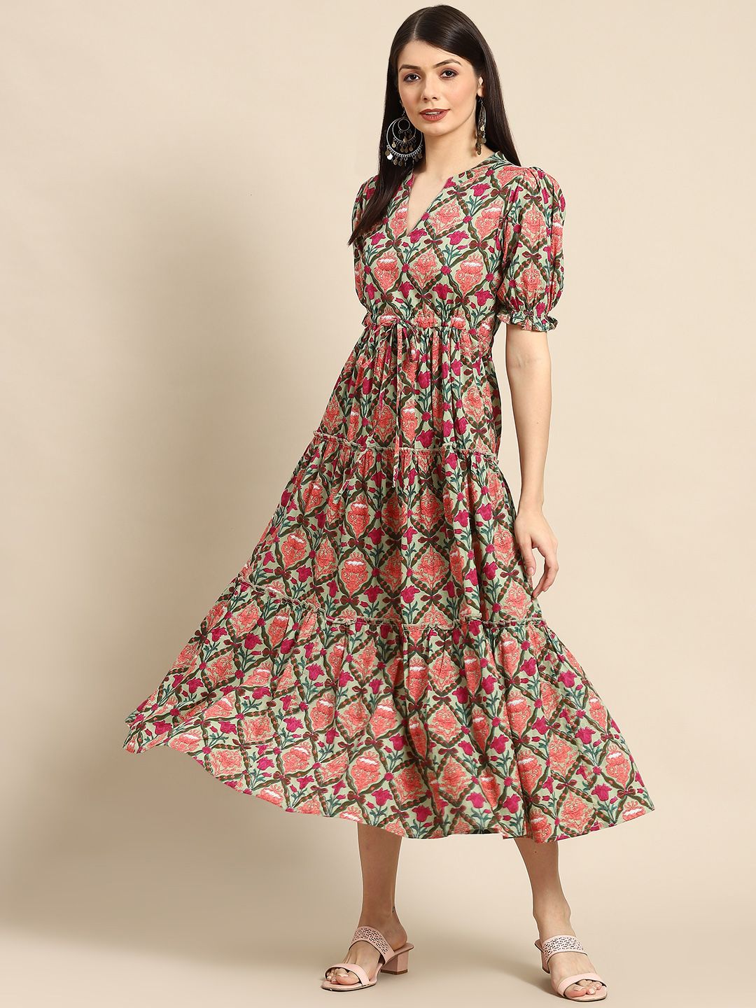 Dhiyona AY Women's Green & Pink Ethnic Motifs Printed Tiered Pure Cotton A-Line Midi Dress