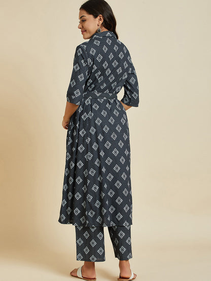 Grey Floral Printed A-Line Kurta With Palazzos