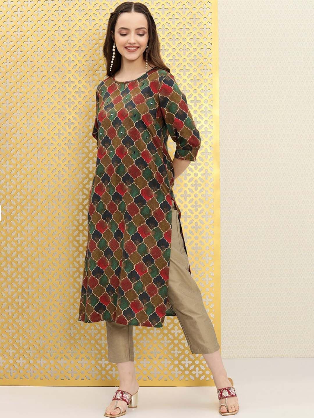 Dhiyona OD  Ethnic Motifs Printed Boat Neck Mirror Work Detailed Kurta