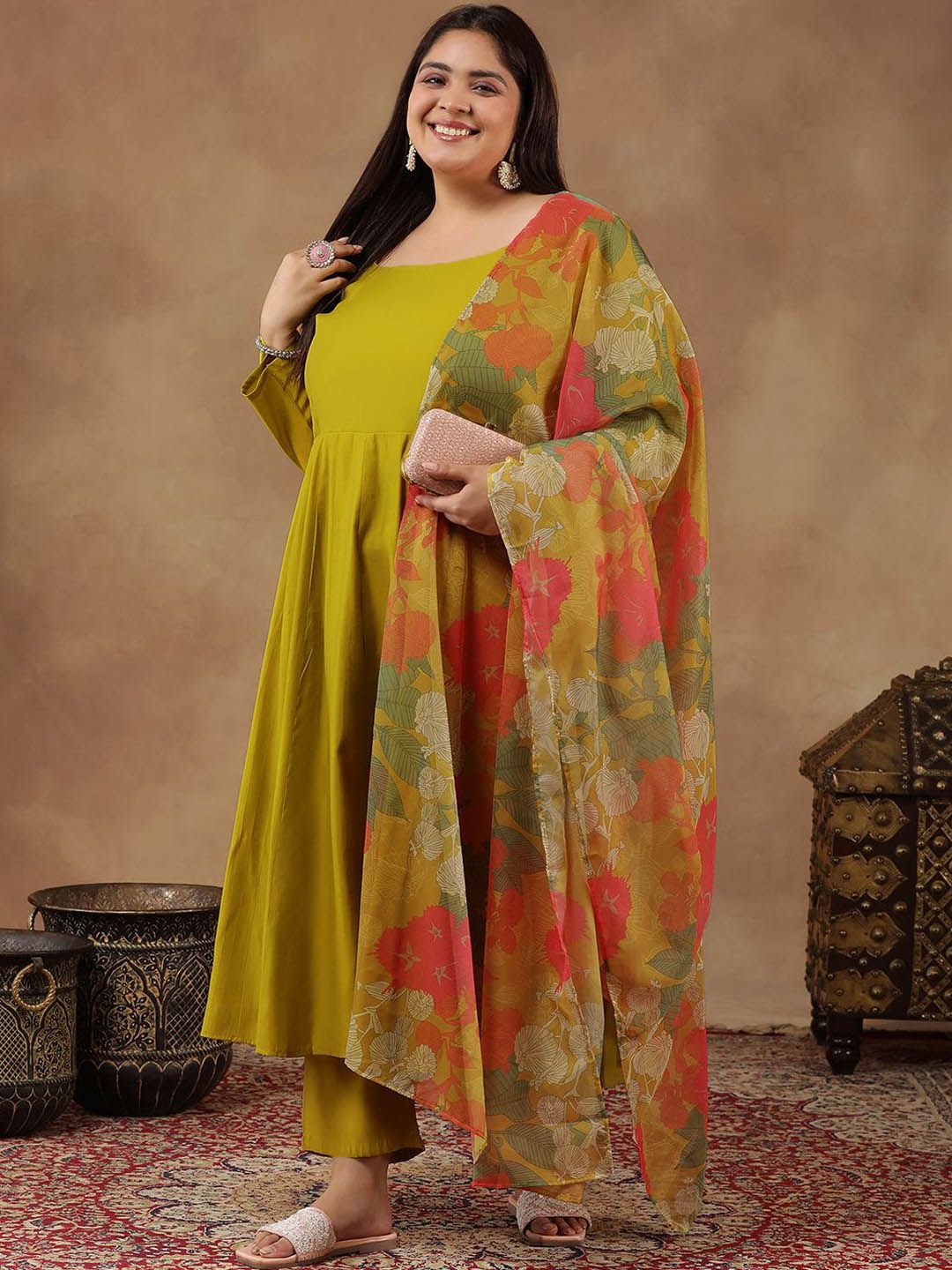 Dhiyona IN Round Neck Empire Anarkali Kurta With Trousers & Dupatta