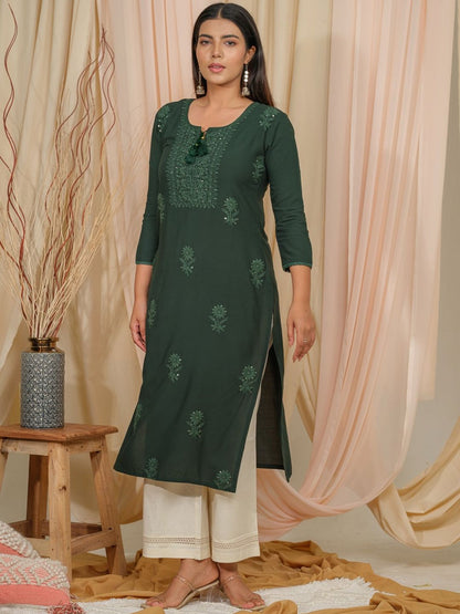 Dhiyona OD  Floral Embroidered Tie-Up Neck Straight Kurta