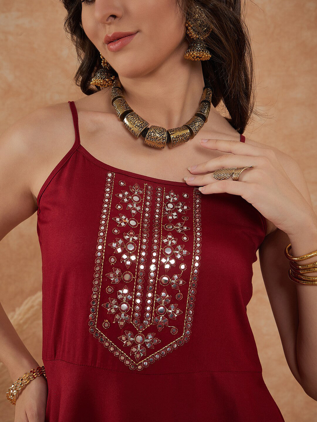 Maroon Geometric Yoke Design Shoulder Straps Mirror Work A-Line Kurta With Palazzo
