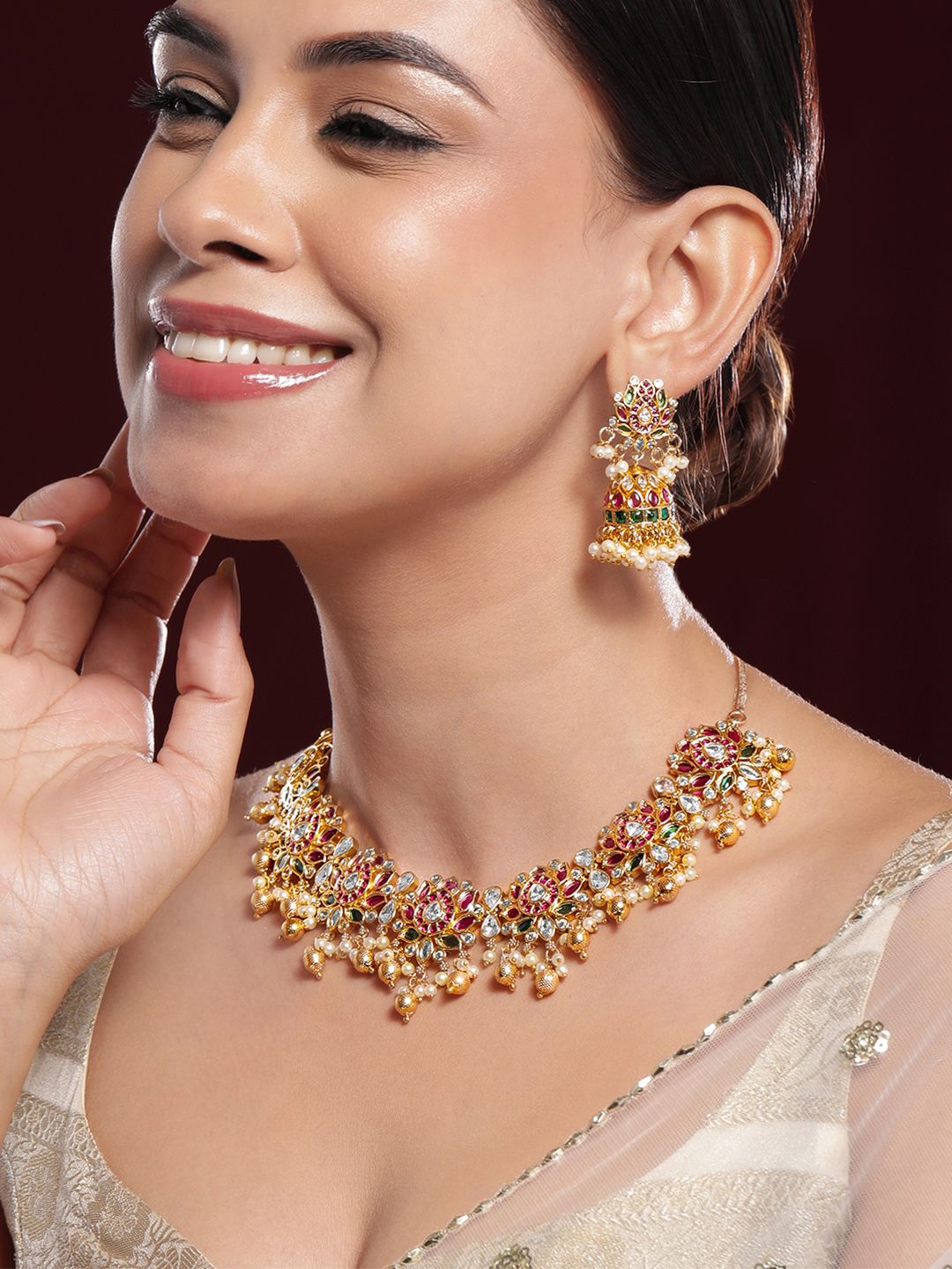 Dhiyona RJ Women's 22K Gold-Plated Ruby Pink, Emerald & White Kundan Studded Pearl Beaded Necklace Set