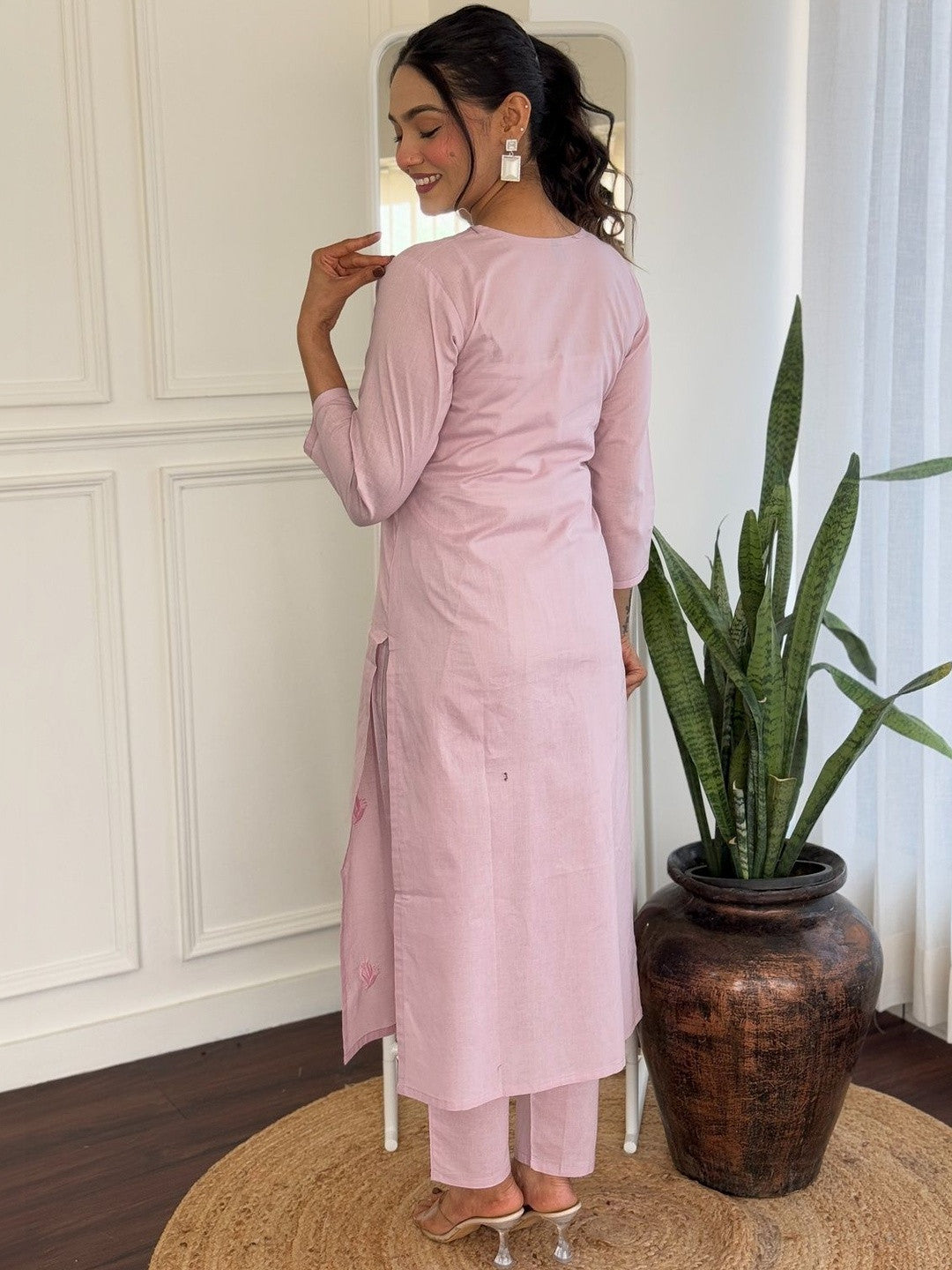 Embroidered Pure Cotton Round Neck Kurta & Trousers With Dupatta