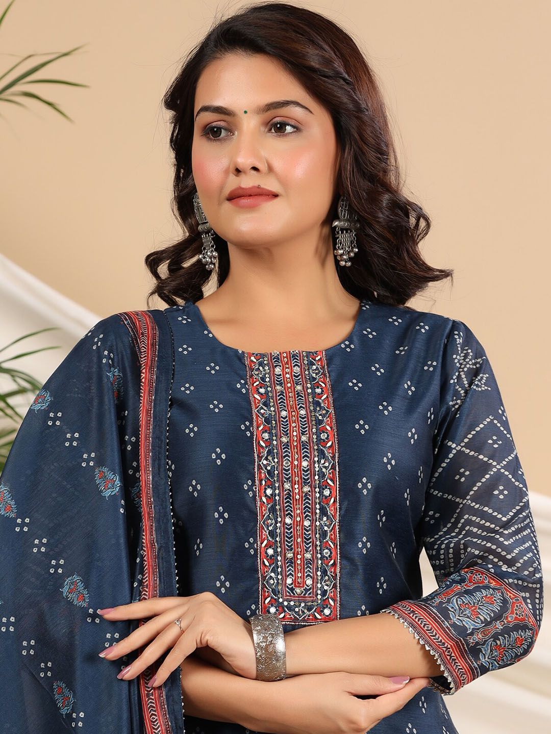 Dhiyona RR Women's Bandhani Printed Sequinned Kurta with Trousers & Dupatta