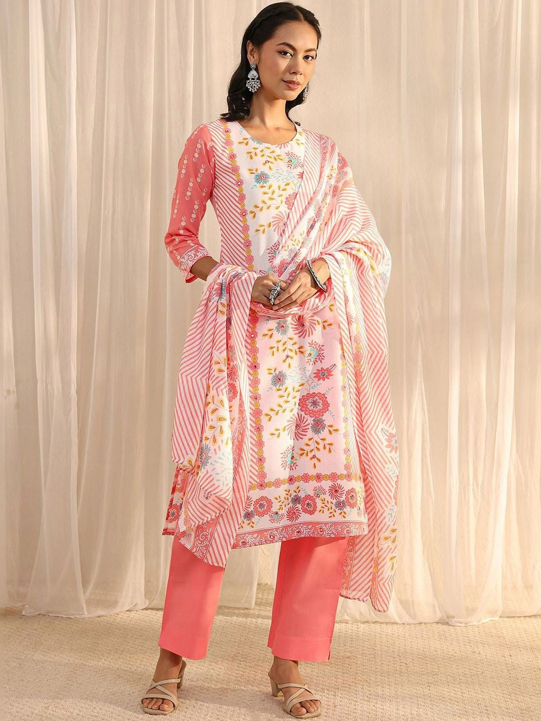Libas Peach Floral Printed Straight Suit Set with Dupatta